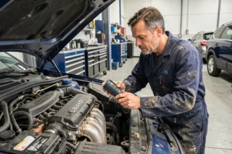 Mécanicien professionnel inspectant un moteur BlueHDi 120 dans un garage automobile moderne