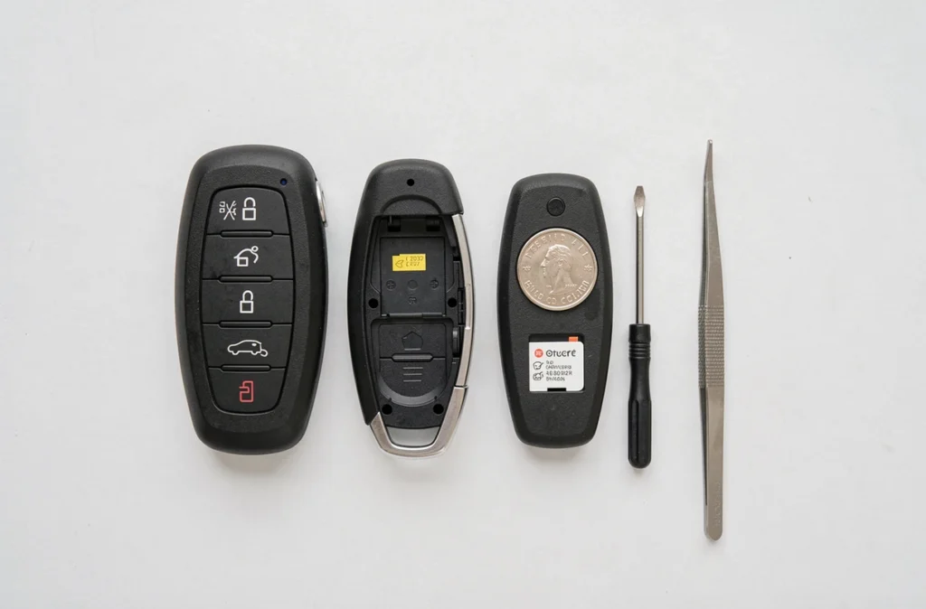 Vue de dessus des outils et pièces nécessaires pour changer la pile d'une clé Renault Clio 4 sur fond blanc