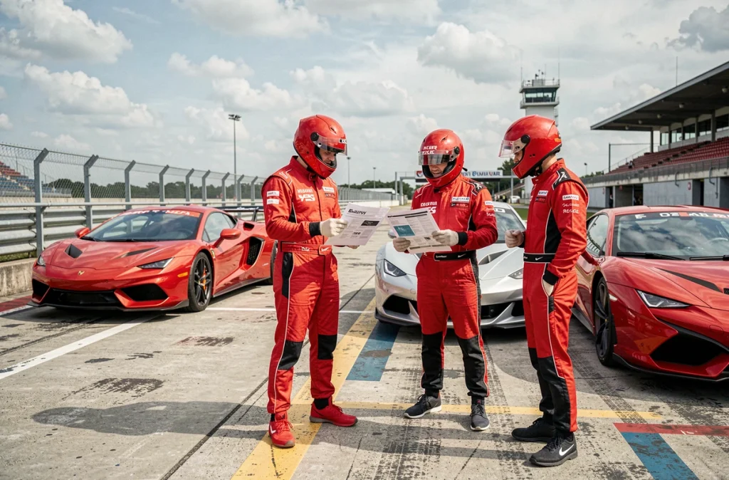 Participants d'un stage de pilotage discutant devant des voitures de sport en pit lane