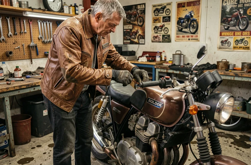 Passionné de moto inspectant le moteur d'une CB 900 Boldor dans un atelier mécanique vintage, ambiance authentique et documentaire