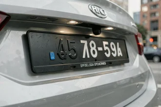 Plaque d'immatriculation noire sur voiture garée en ville, style personnalisé réglementé en France