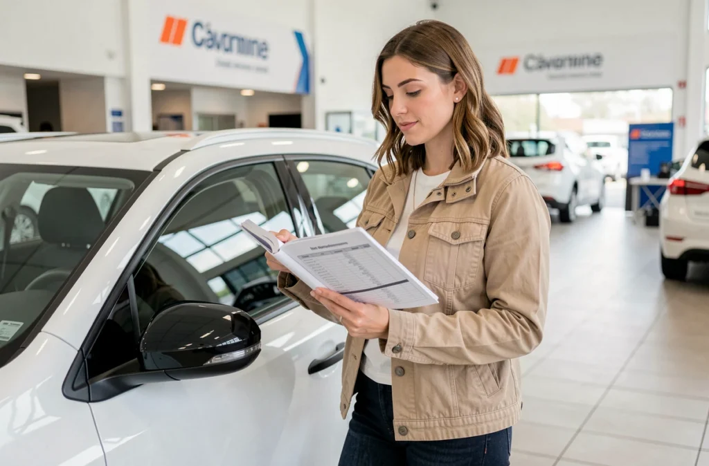 Propriétaire féminine consultant le carnet d'entretien de son véhicule diesel dans un centre de service automobile
