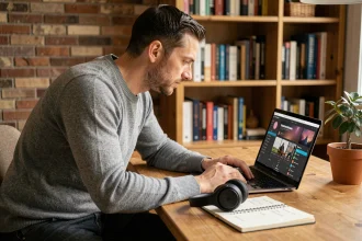 Homme recherchant la version longue d'une musique de publicité Peugeot sur son ordinateur portable avec un casque audio posé sur le bureau