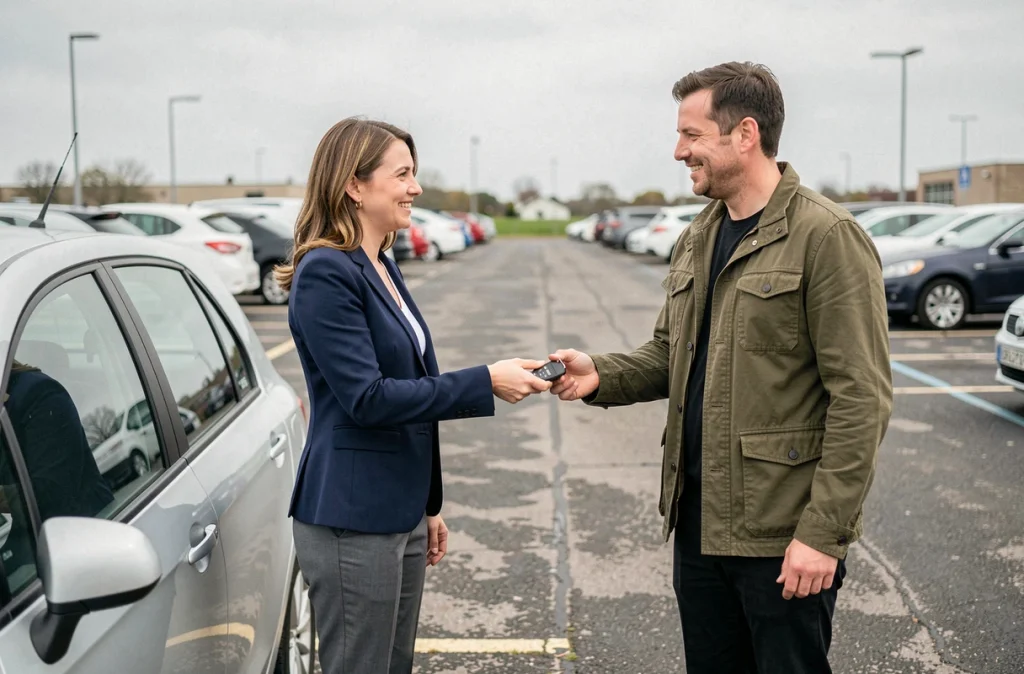 Remise des clés d'une voiture d'occasion entre un acheteur et un vendeur dans un parking urbain