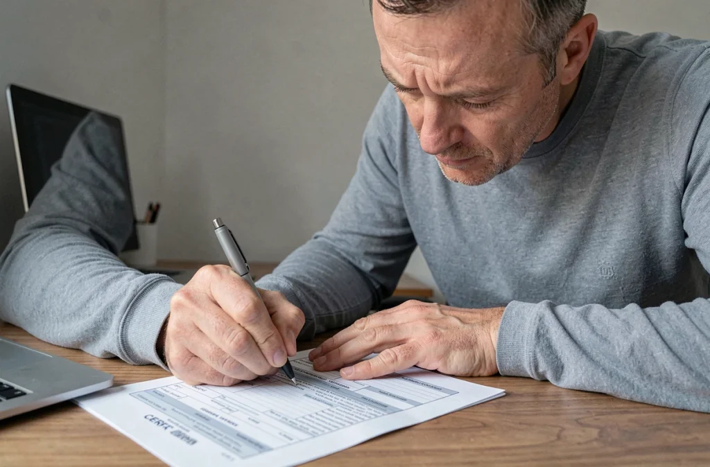 Un homme remplit le formulaire CERFA 15776*02 de certificat de cession de véhicule à son bureau
