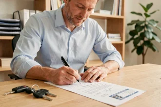 Homme signant un certificat de cession de véhicule d'occasion sur un bureau en bois avec des clés de voiture posées à côté