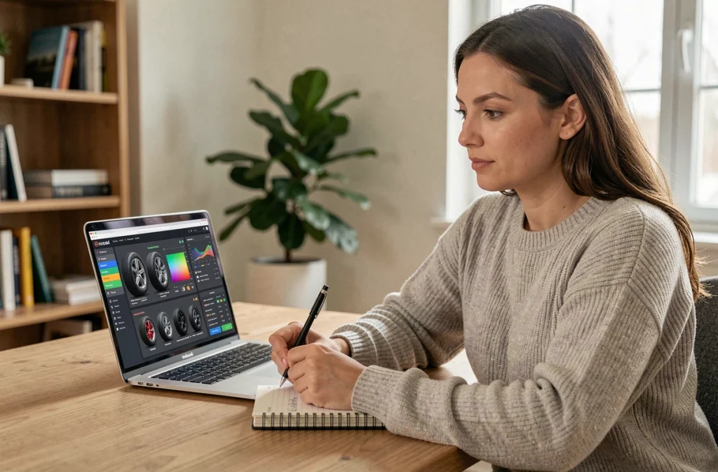 Femme utilisant un simulateur de dimensions de pneus en ligne sur laptop pour comparer des jantes plus grandes avant achat