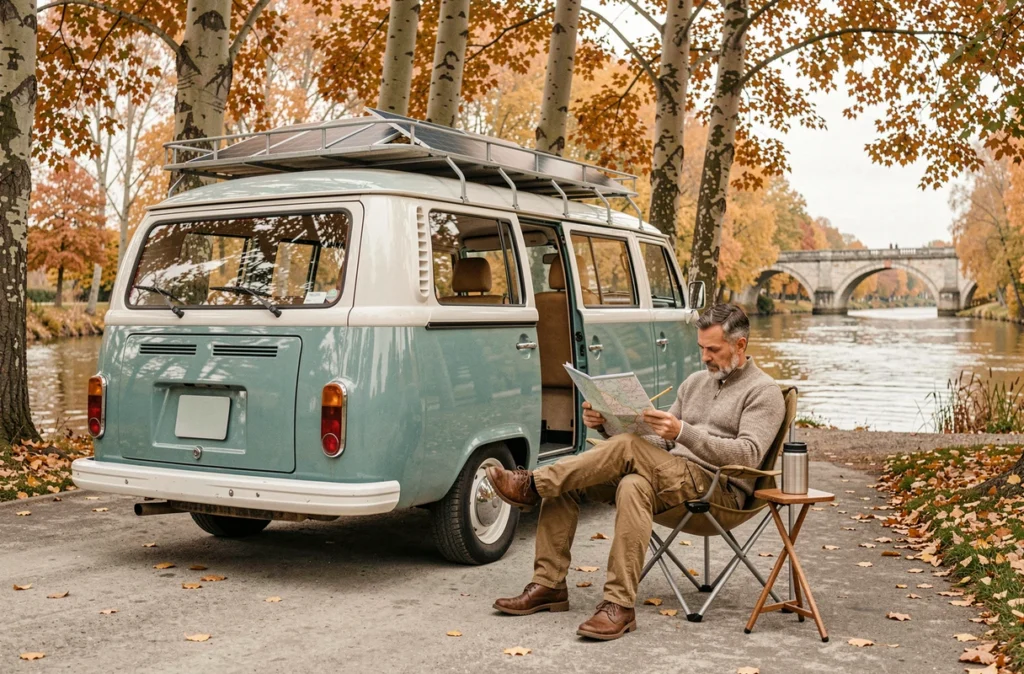 Van aménagé garé sur une aire gratuite en bord de rivière en France, voyageur consultant un atlas routier en plein air