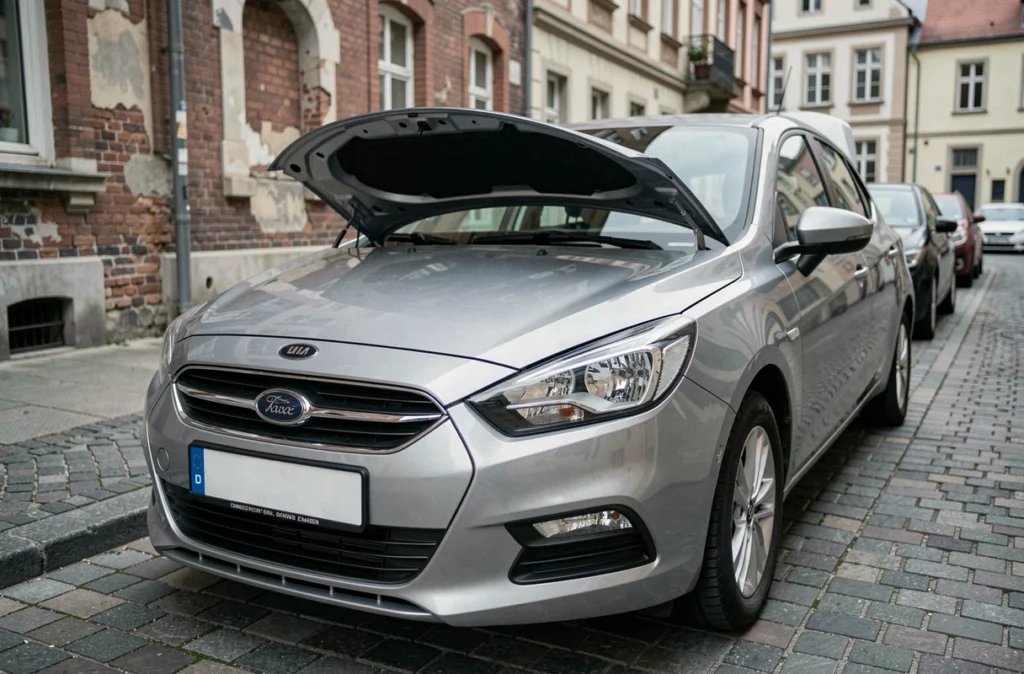 Voiture diesel compacte avec capot entrouvert lors d'une vérification d'entretien en milieu urbain