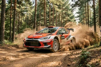 Voiture de rally WRC en pleine action sur une piste de terre en forêt lors d'une spéciale en 2026