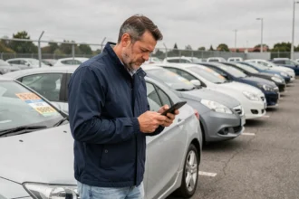 Homme comparant des annonces de voitures d'occasion sur son smartphone dans un parc de véhicules d'occasion