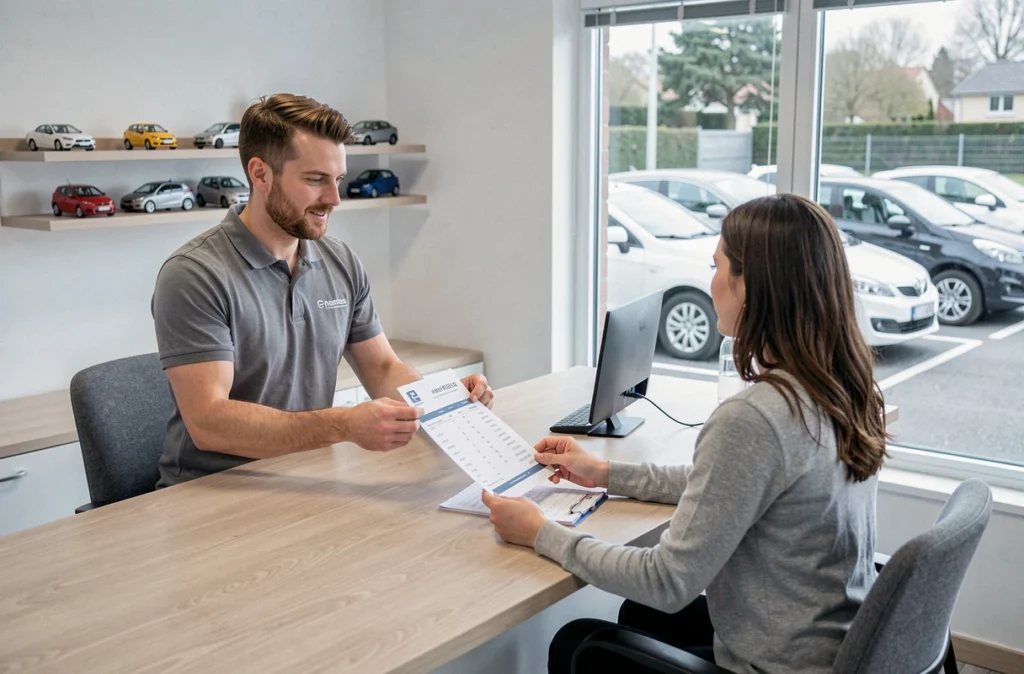 Conseiller présentant les tarifs de location de voiture sans permis à une cliente dans une agence à Nantes