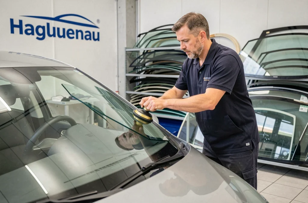Technicien d'A+Glass Haguenau manœuvrant un pare-brise avec des ventouses dans un atelier de remplacement de vitrage