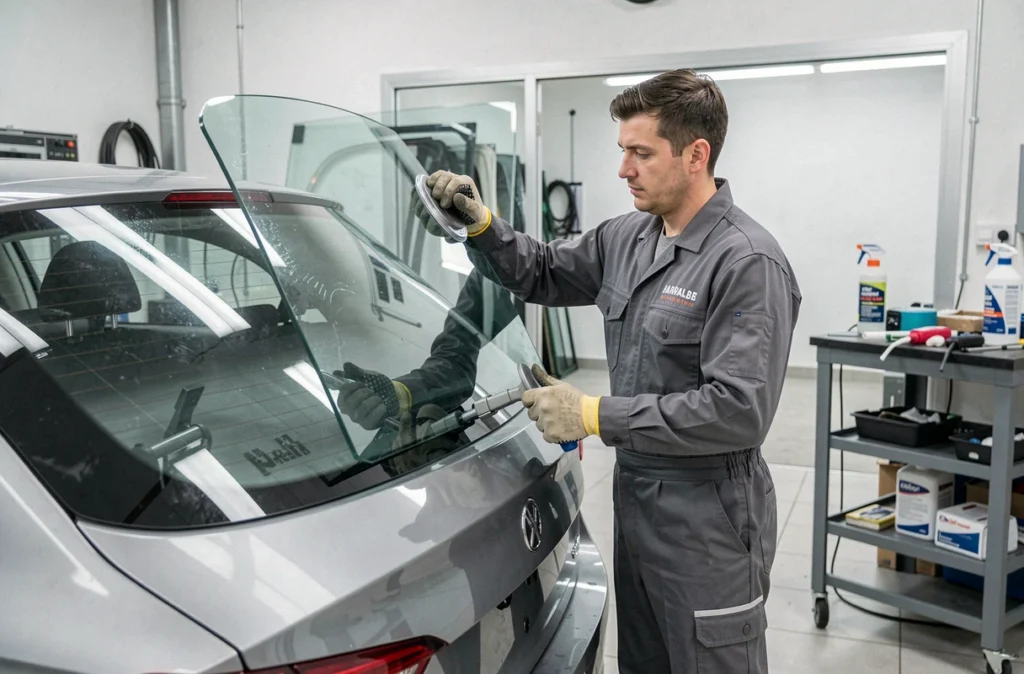 Technicien remplaçant un pare-brise arrière sur une berline moderne dans l'atelier A+Glass à Sarralbe
