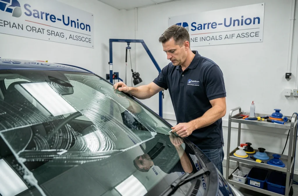 Technicien d'A+Glass à Sarre-Union posant un nouveau pare-brise sur une voiture dans un atelier de remplacement de vitrage automobile