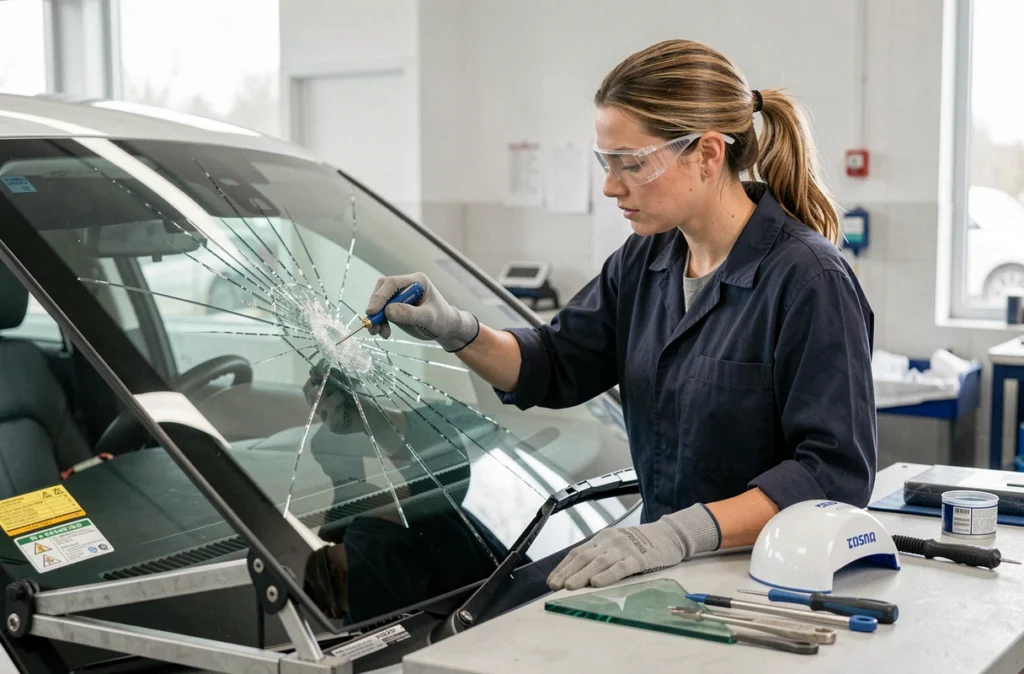 Technicienne spécialisée en réparation de vitrage automobile effectuant un traitement sur un pare-brise chez A+Glass Sarre-Union