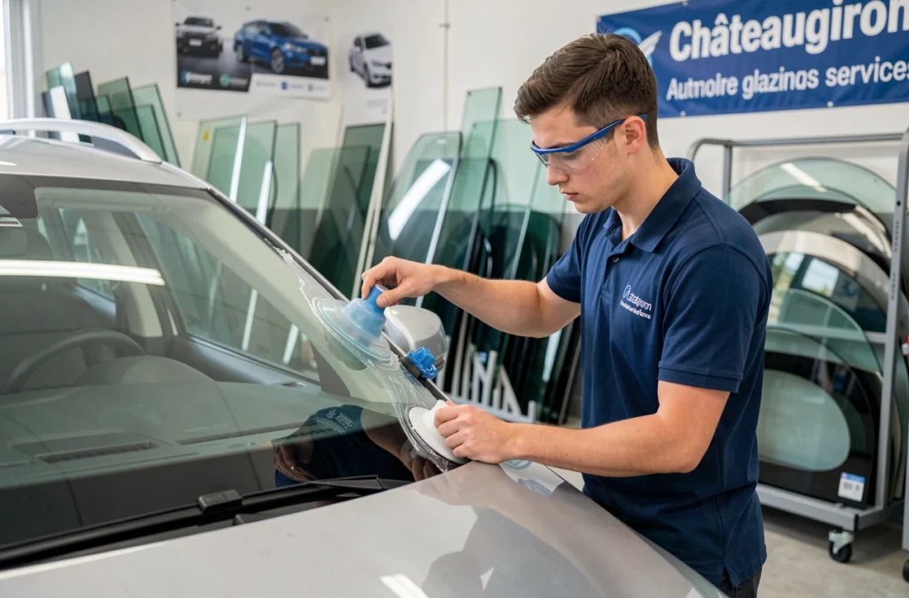 Technicien d'A+GLASS Châteaugiron posant un nouveau pare-brise sur un SUV argenté dans un atelier de vitrage automobile