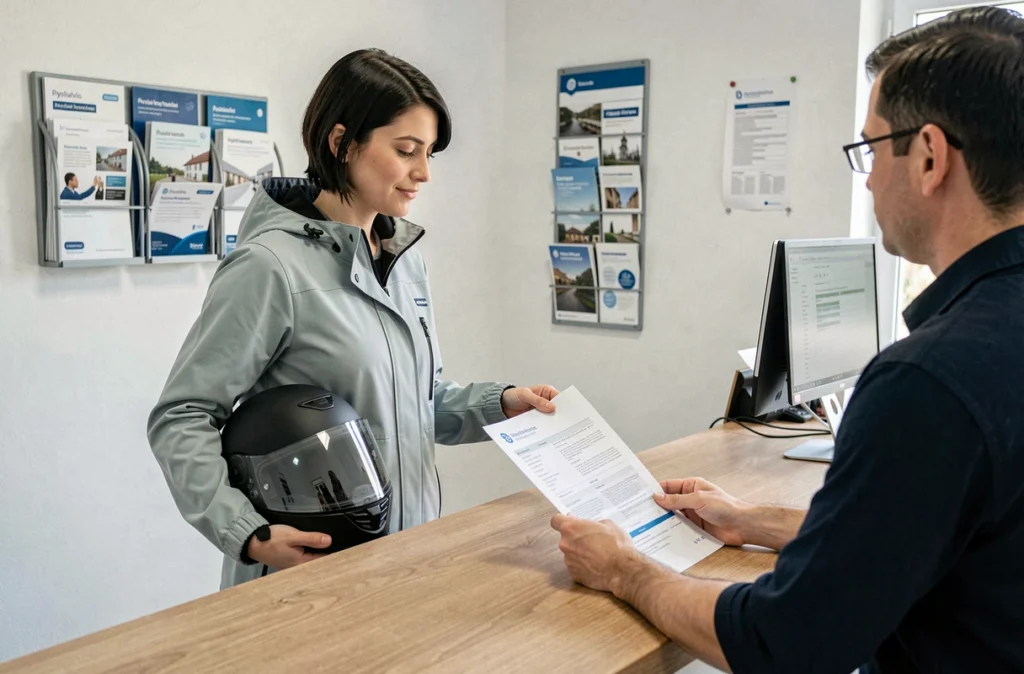 Femme souscrivant une assurance scooter en agence avec un conseiller en France, examinant un contrat papier au comptoir
