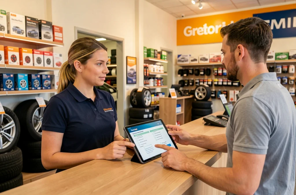 Conseillère de service client discutant d'un bilan d'entretien avec un automobiliste au comptoir d'accueil d'Auto Express
