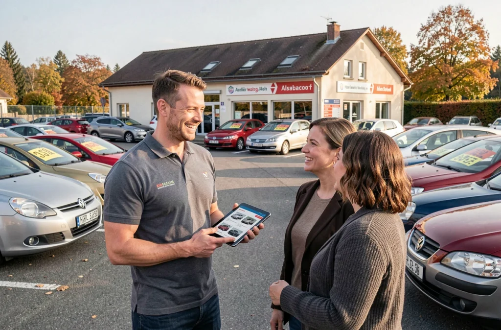 Conseiller automobile de Bons Plans Elsass Automobile présentant des véhicules d'occasion à des clients dans un parc automobile alsacien