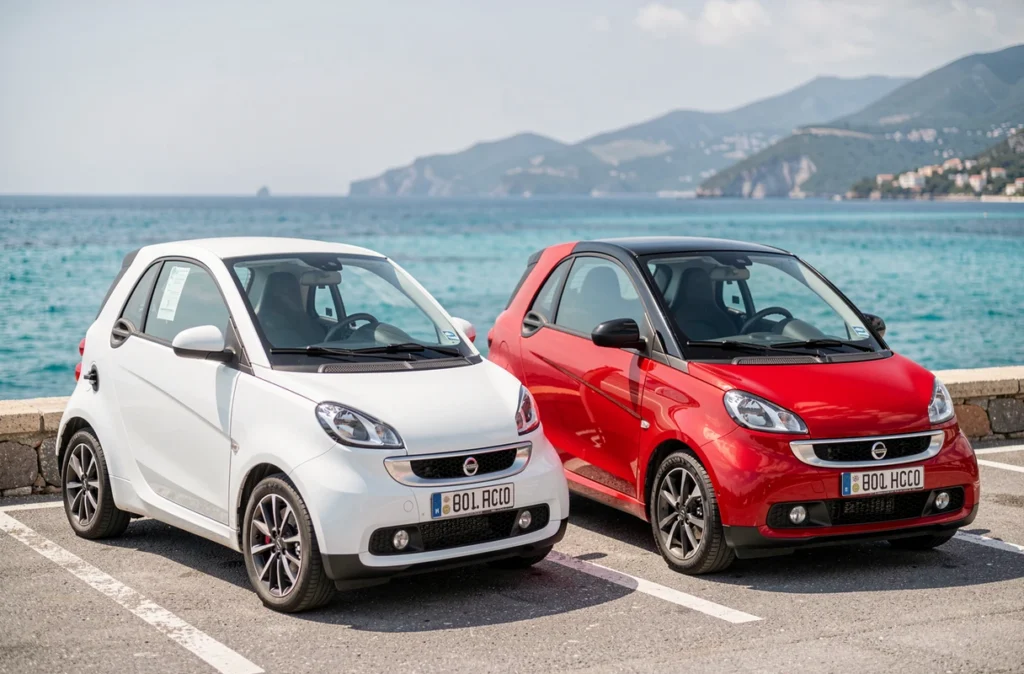 Deux modèles de voitures sans permis comparés dans un parking vue mer à Ajaccio en Corse