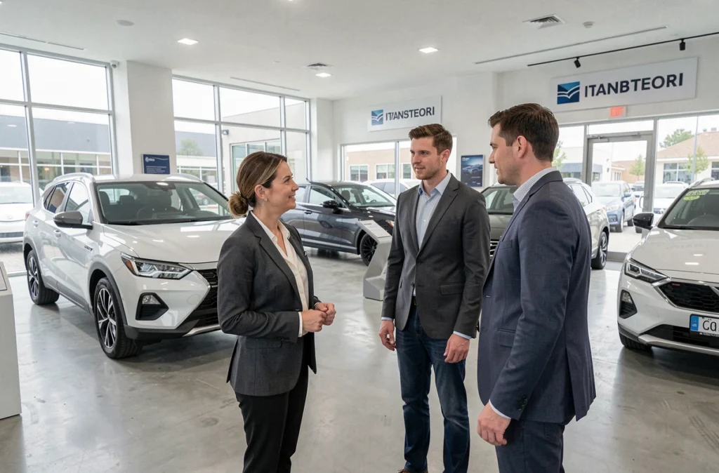 Vendeuse en concession automobile présentant une voiture neuve à un couple d'acheteurs dans un showroom moderne