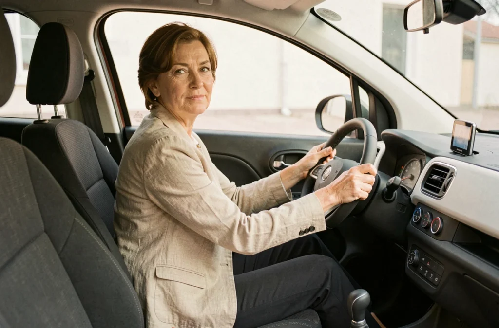 Femme d'une cinquantaine d'années au volant d'une voiture sans permis hybride avec tableau de bord moderne