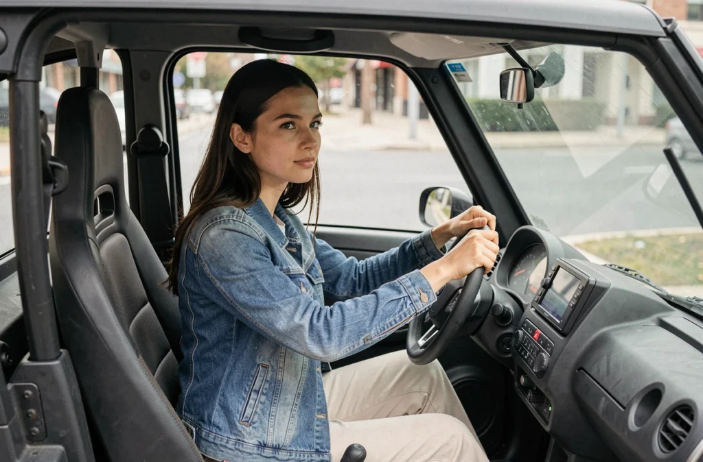 Jeune femme au volant d'une voiture sans permis, tableau de bord numérique visible en gros plan