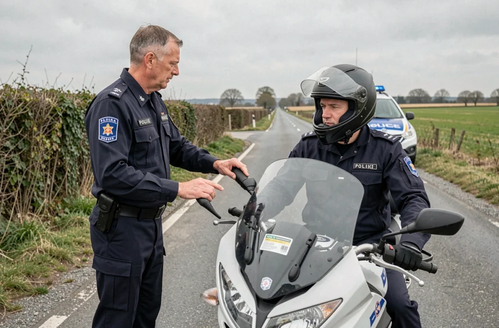 Contrôle routier d'un gendarme vérifiant l'affichage de l'assurance sur une moto arrêtée au bord de la route