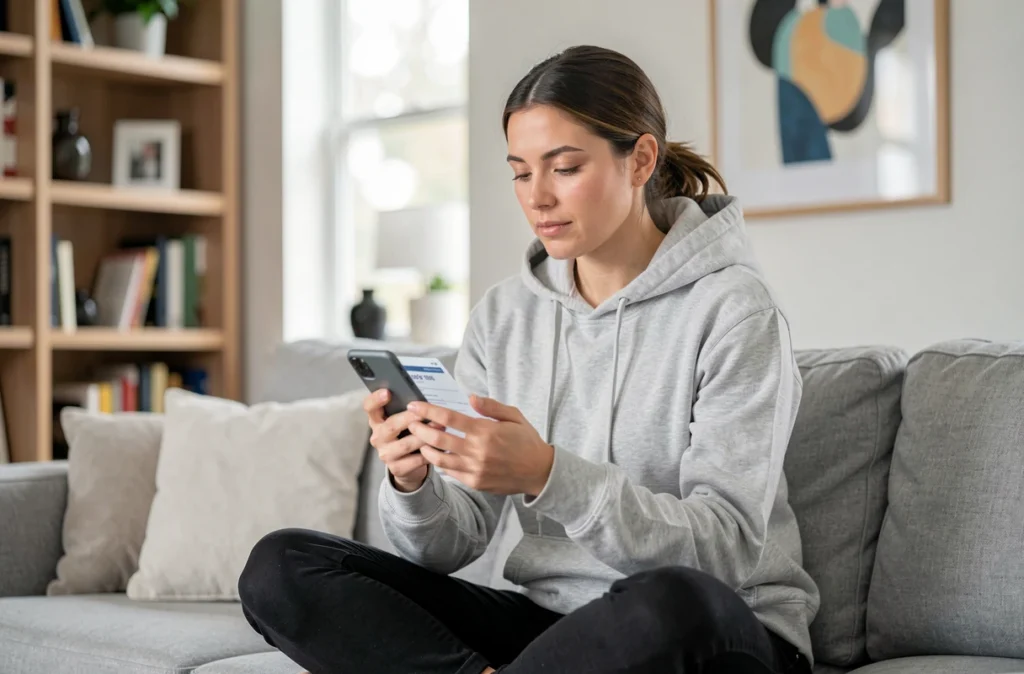 Femme recherchant un devis assurance moto anonyme depuis son smartphone sur un canapé
