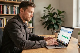 Homme consultant un comparateur d'assurance moto en ligne sans fournir ses coordonnées personnelles