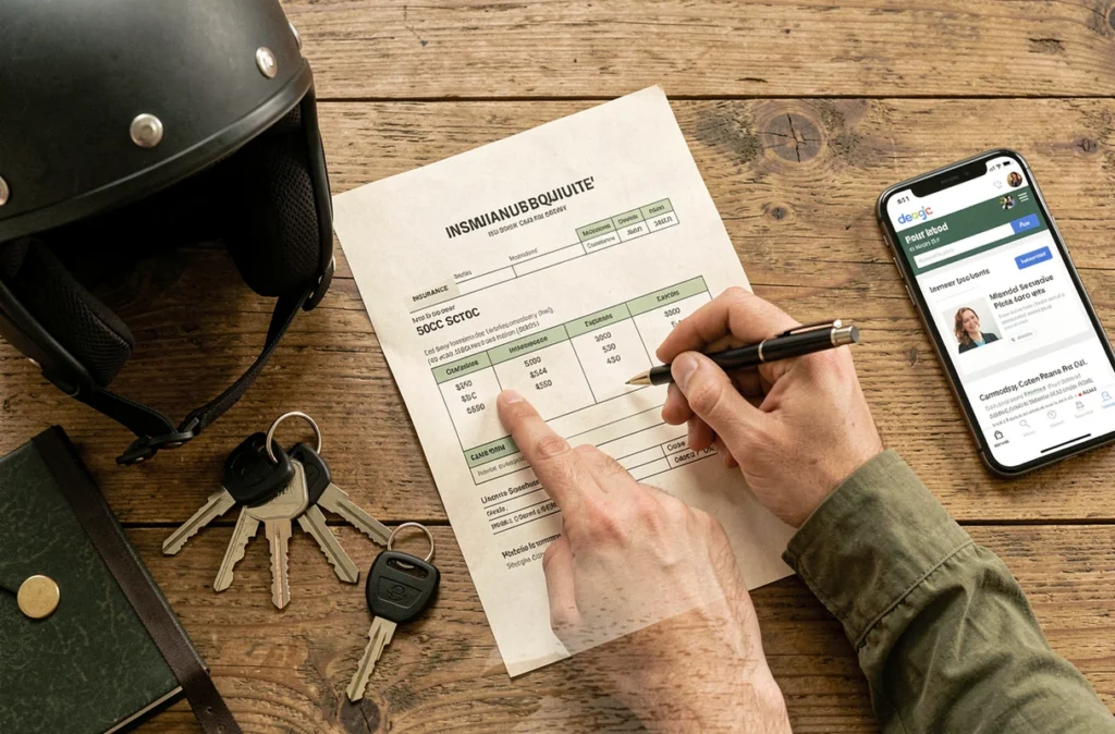 Documents d'assurance pour scooter 50cc, casque et clés posés sur un bureau, comparaison de prix pour jeune conducteur