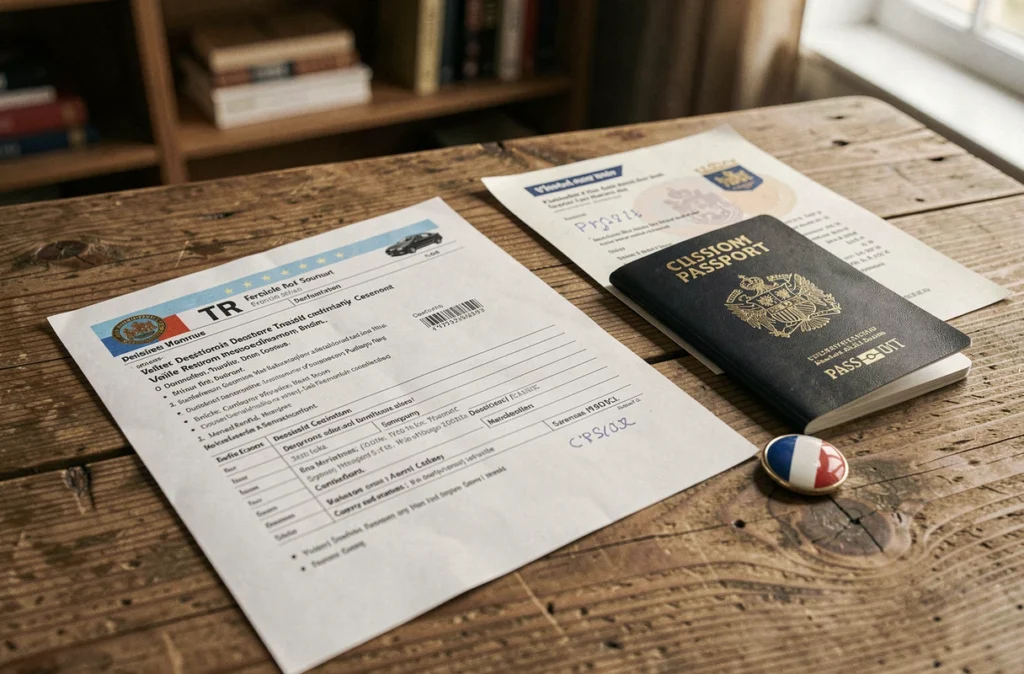 Documents d'immatriculation TR pays, passeport et formulaire de transit douanier sur un bureau en bois