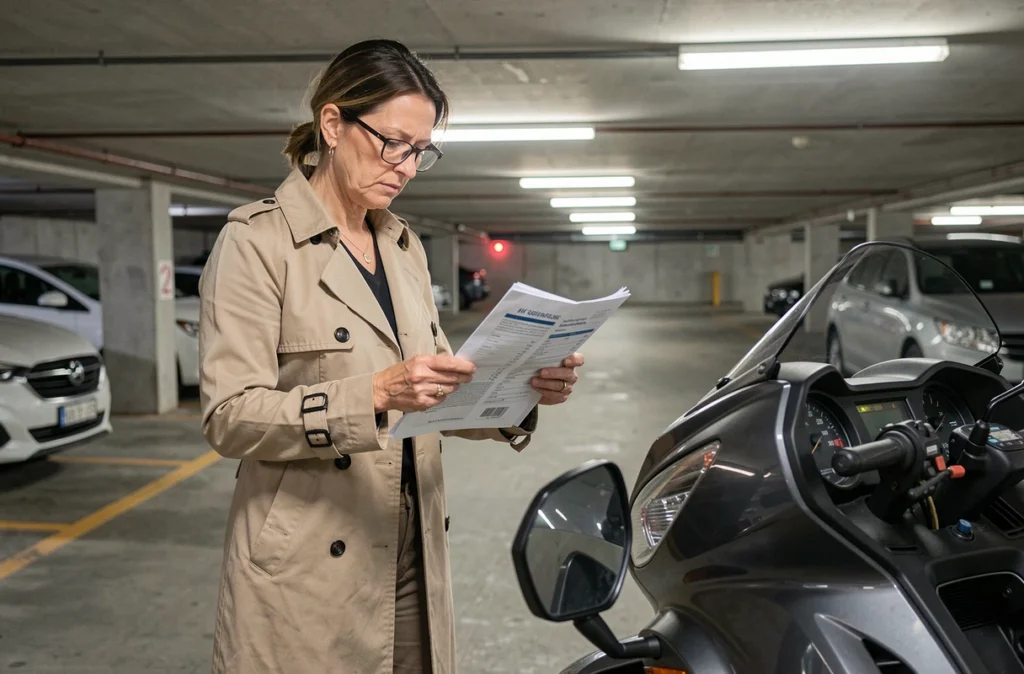 Femme motarde consultant son document d'assurance moto dans un parking souterrain