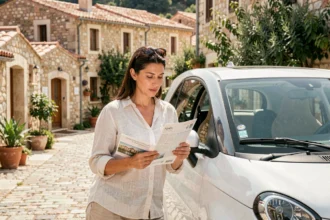Femme examinant une brochure de voiture sans permis dans une rue ensoleillée d'Ajaccio en Corse