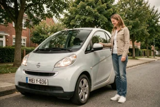 Femme souriante à côté d'une voiture sans permis compacte garée dans une rue résidentielle