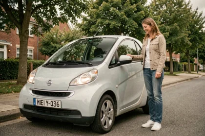 Femme souriante à côté d'une voiture sans permis compacte garée dans une rue résidentielle