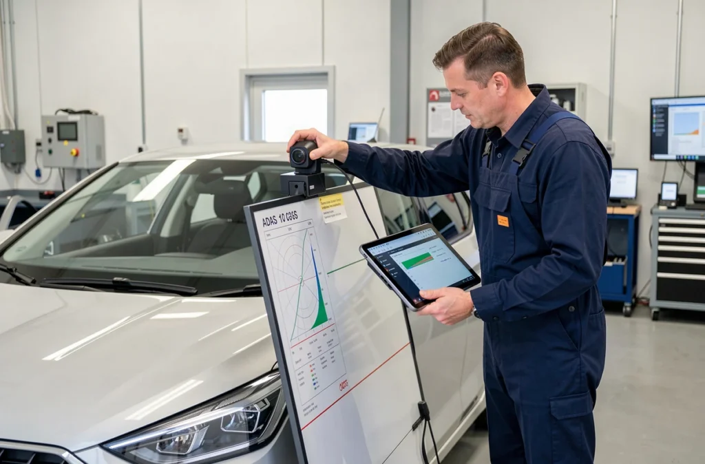 Technicien calibrant un système ADAS sur un véhicule moderne dans l'atelier de Garage Aumeca à Bischheim