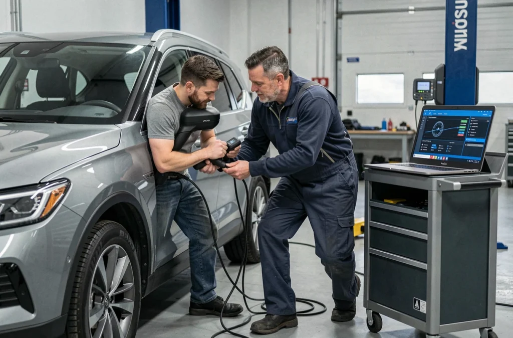 Deux mécaniciens réalisant un diagnostic électronique sur un SUV moderne au Garage de Belfort