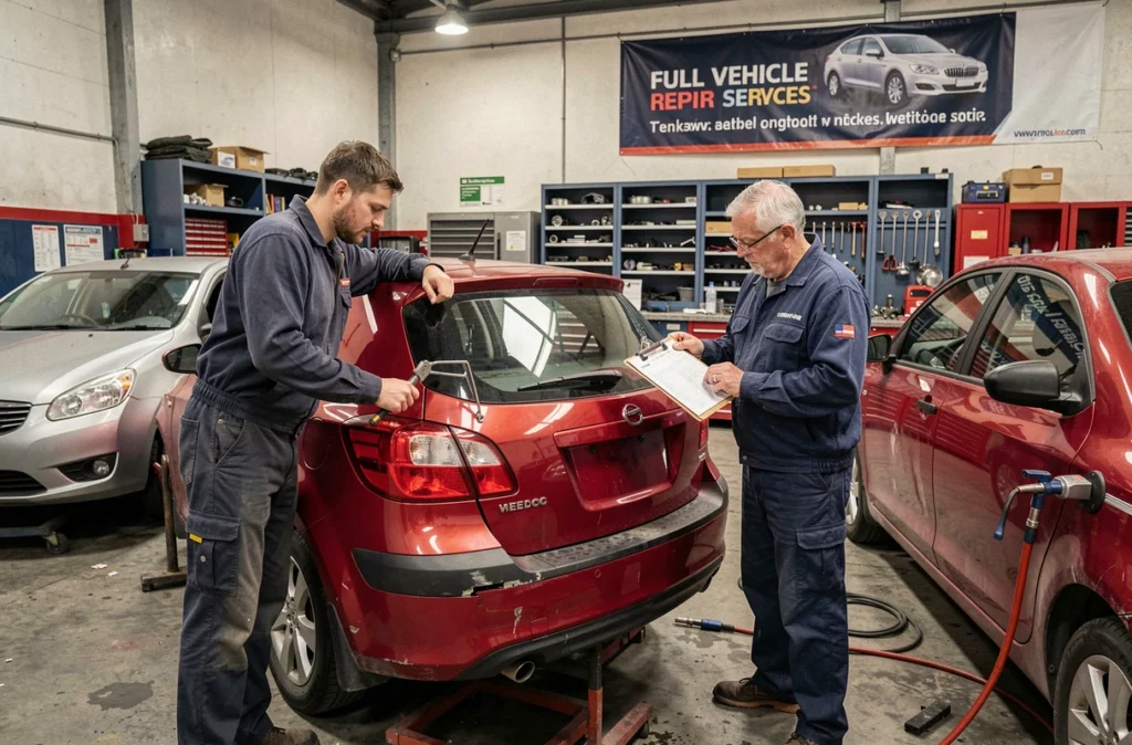 Deux mécaniciens du Garage Carrosserie des Landes Fleuries en Bretagne travaillant ensemble sur la réparation du pare-chocs d'un véhicule