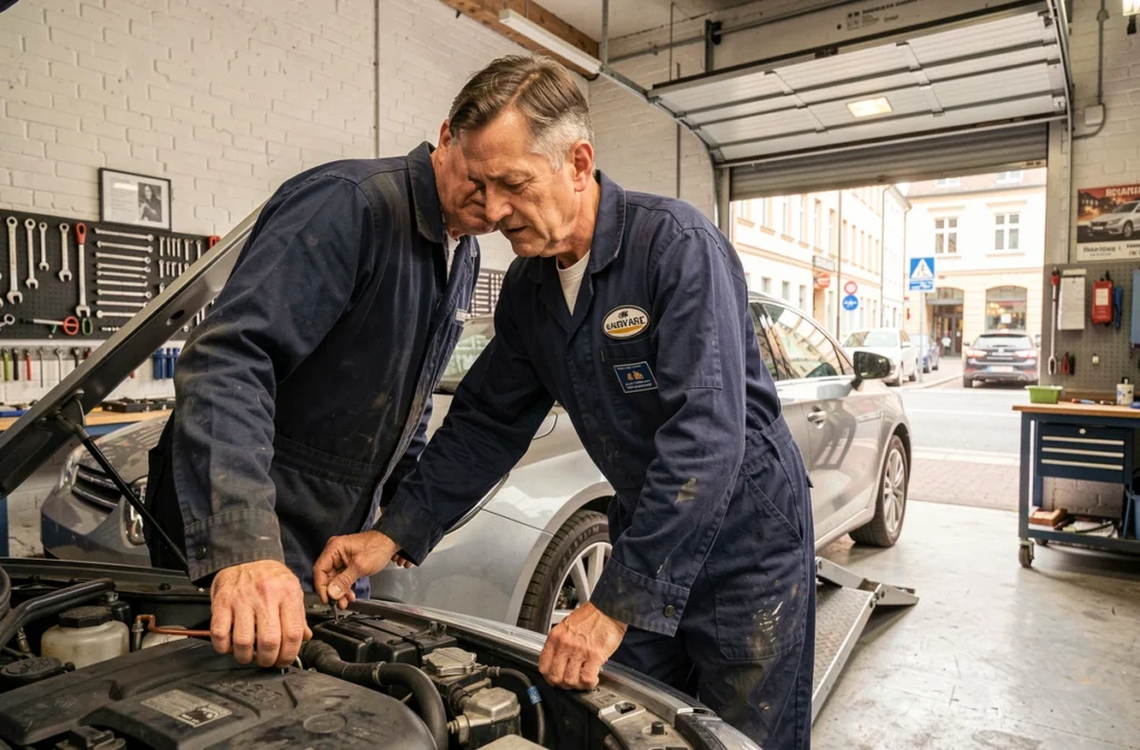 Mécanicien du Garage de Belfort à Strasbourg inspectant le moteur d'une berline sur un pont élévateur