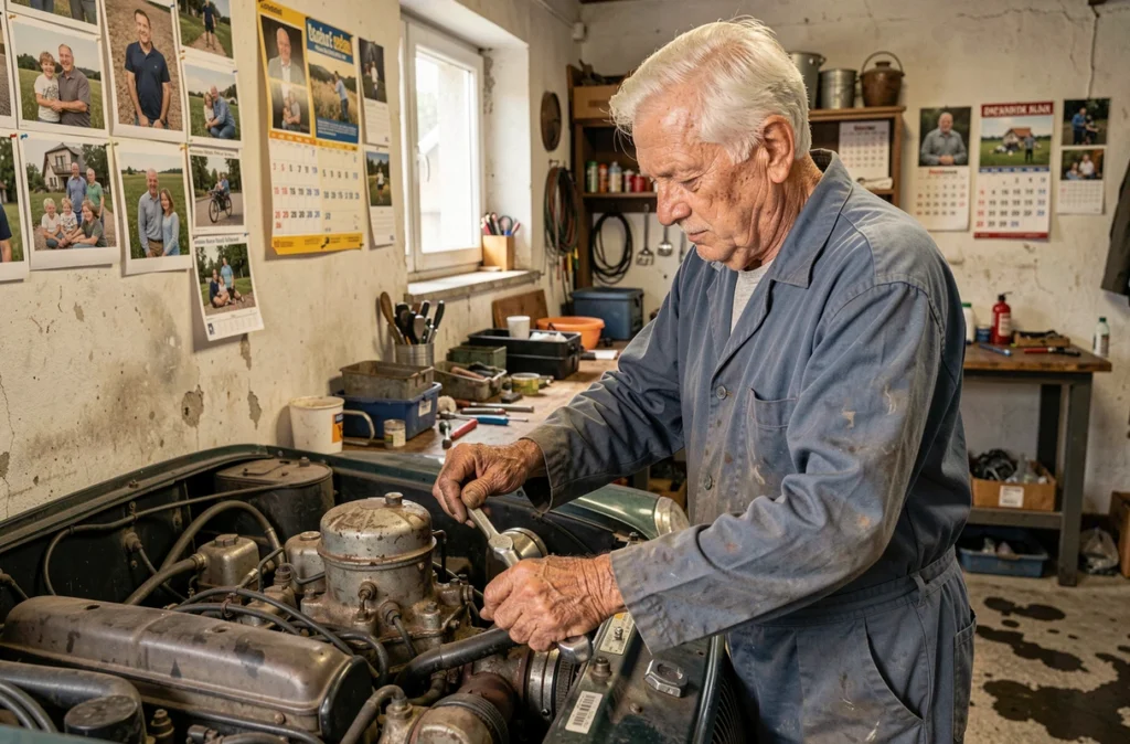 Mécanicien senior du Garage Finck travaillant sur le moteur d'une voiture classique dans un atelier familial alsacien