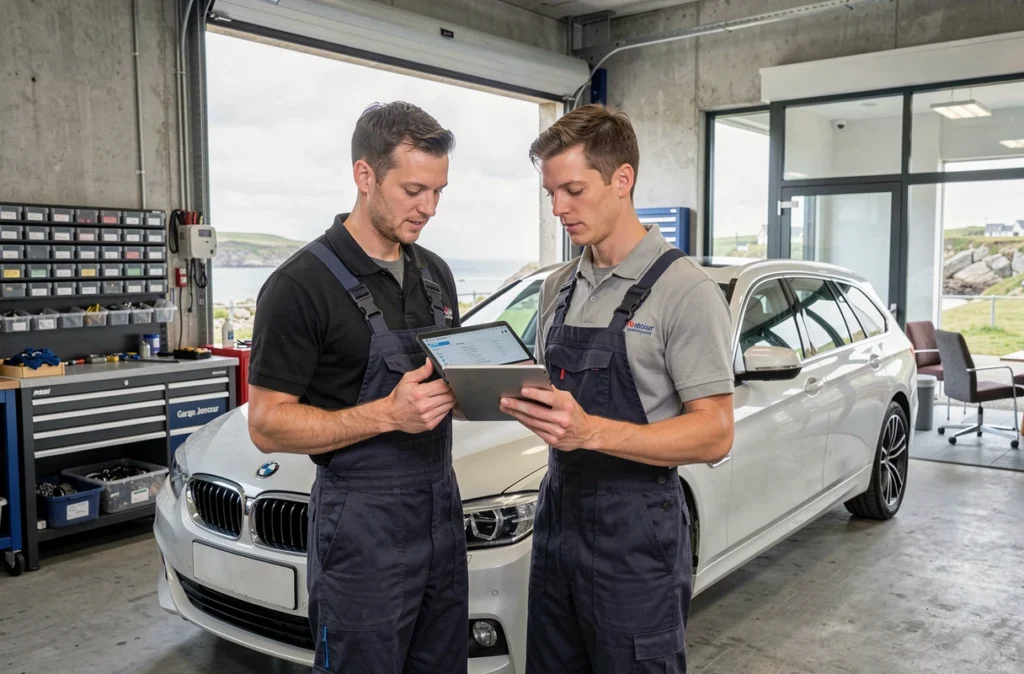 Mécanicien du Garage Joncour à Lannion consultant un rapport d'inspection numérique à côté d'un véhicule surélevé