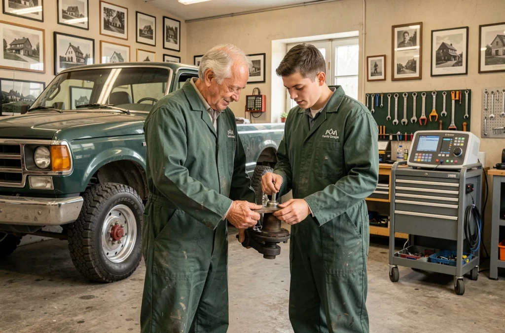 Le duo père-fils du Garage Keller Roger et Fils inspectant une pièce de suspension dans leur atelier alsacien
