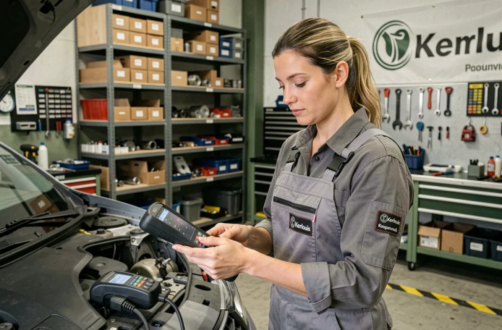 Mécanicienne du Garage Kerlouis à Plouguernével utilisant un scanner de diagnostic OBD sur un véhicule moderne