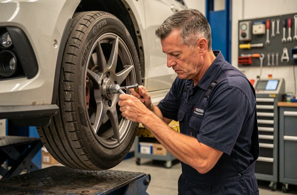 Mécanicien professionnel travaillant sur un véhicule surélevé dans le garage Pikes Peak à Champigneulles