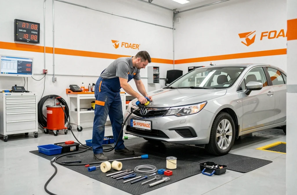 Mécanicien réalisant une vidange rapide sur un véhicule familial dans les installations du Garage Rapide Service à Laxou