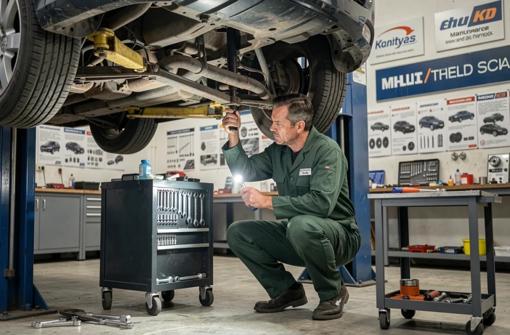 Mécanicien inspectant la suspension d'un véhicule surélevé au Garage Thévenin