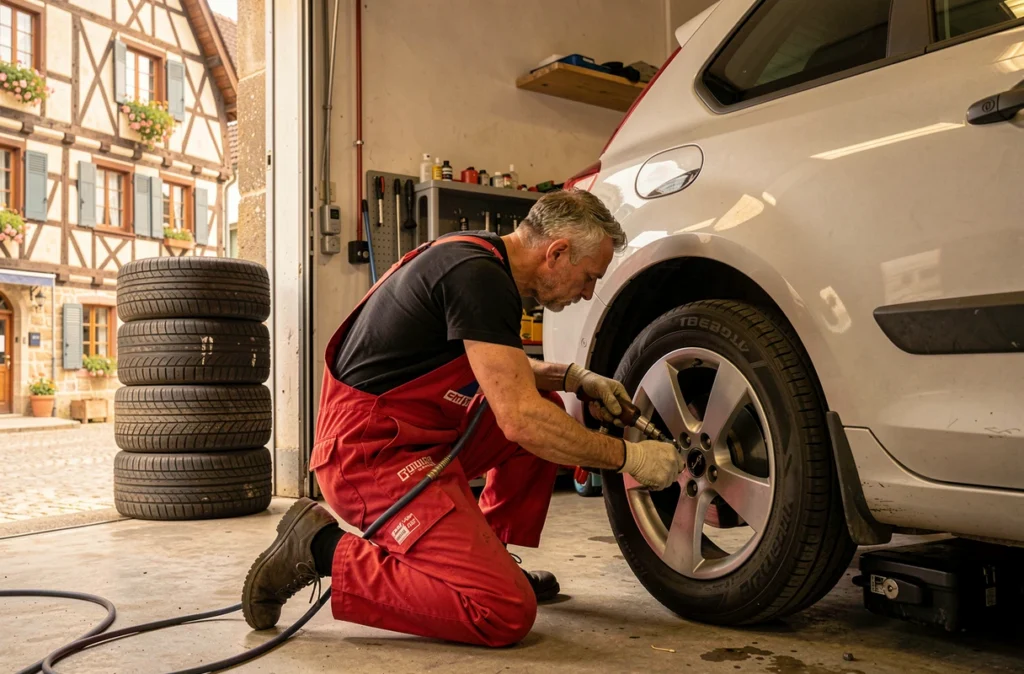 Technicien effectuant un changement de pneu sur une citadine dans l'atelier du Garage Weber 67 en Alsace