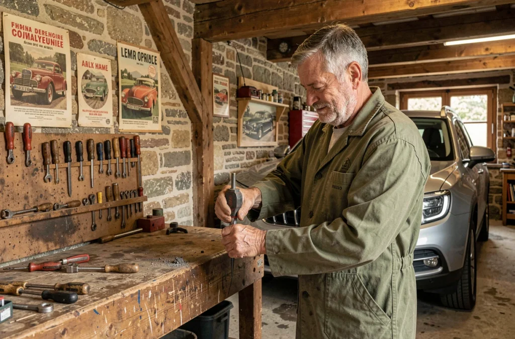 Mécanicien expérimenté du Garage Weber 67 travaillant sur un SUV familial dans un atelier alsacien traditionnel